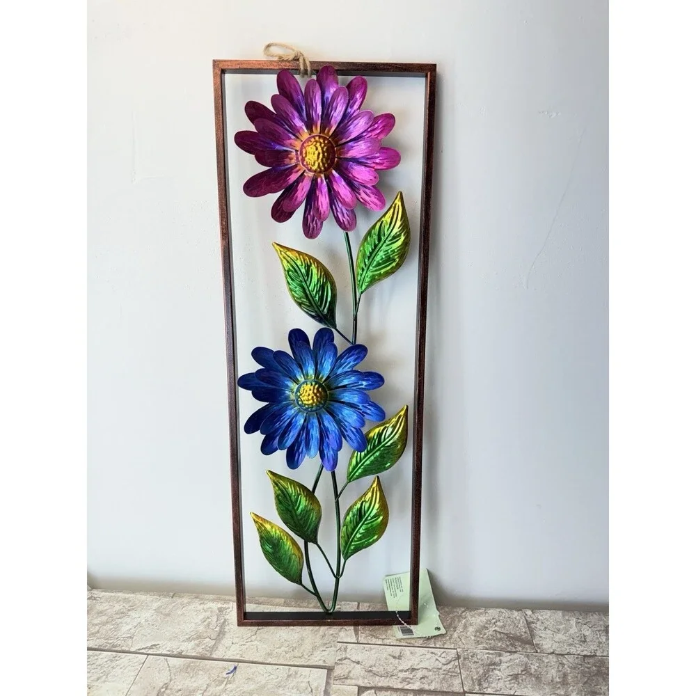 Metal Flower Wall Decor 2 Flowers Outdoor Inside Wall Art Backyard Decorations - Picture 1 of 6